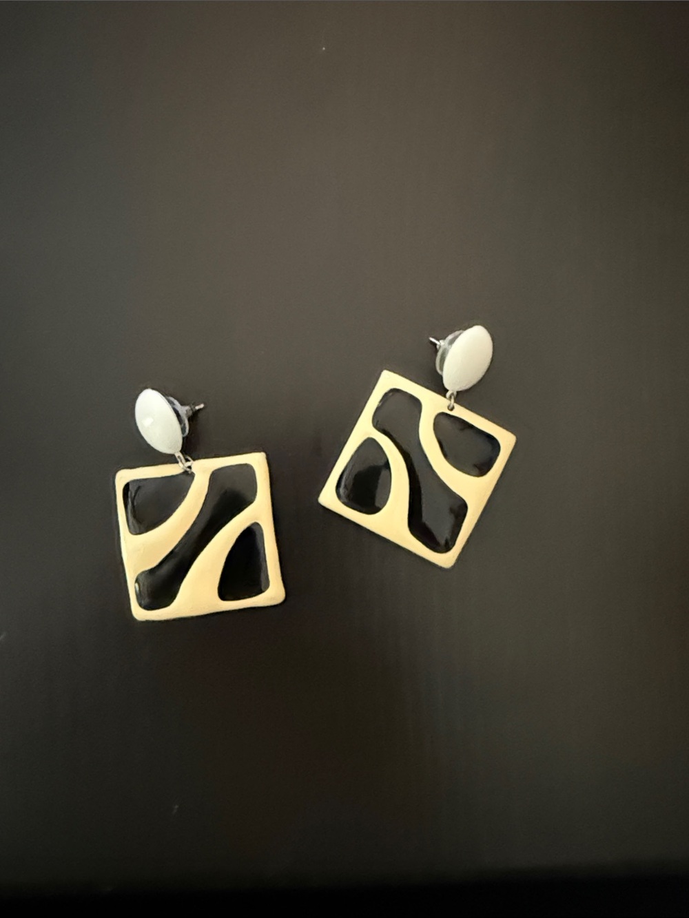 Vintage Gold and Black Abstract Square Drop Earrings